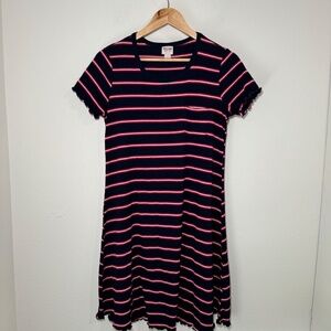 Mossimo Navy & Red Striped Ribbed Knit Dress Women’s LG Y2K Ruffle Casual